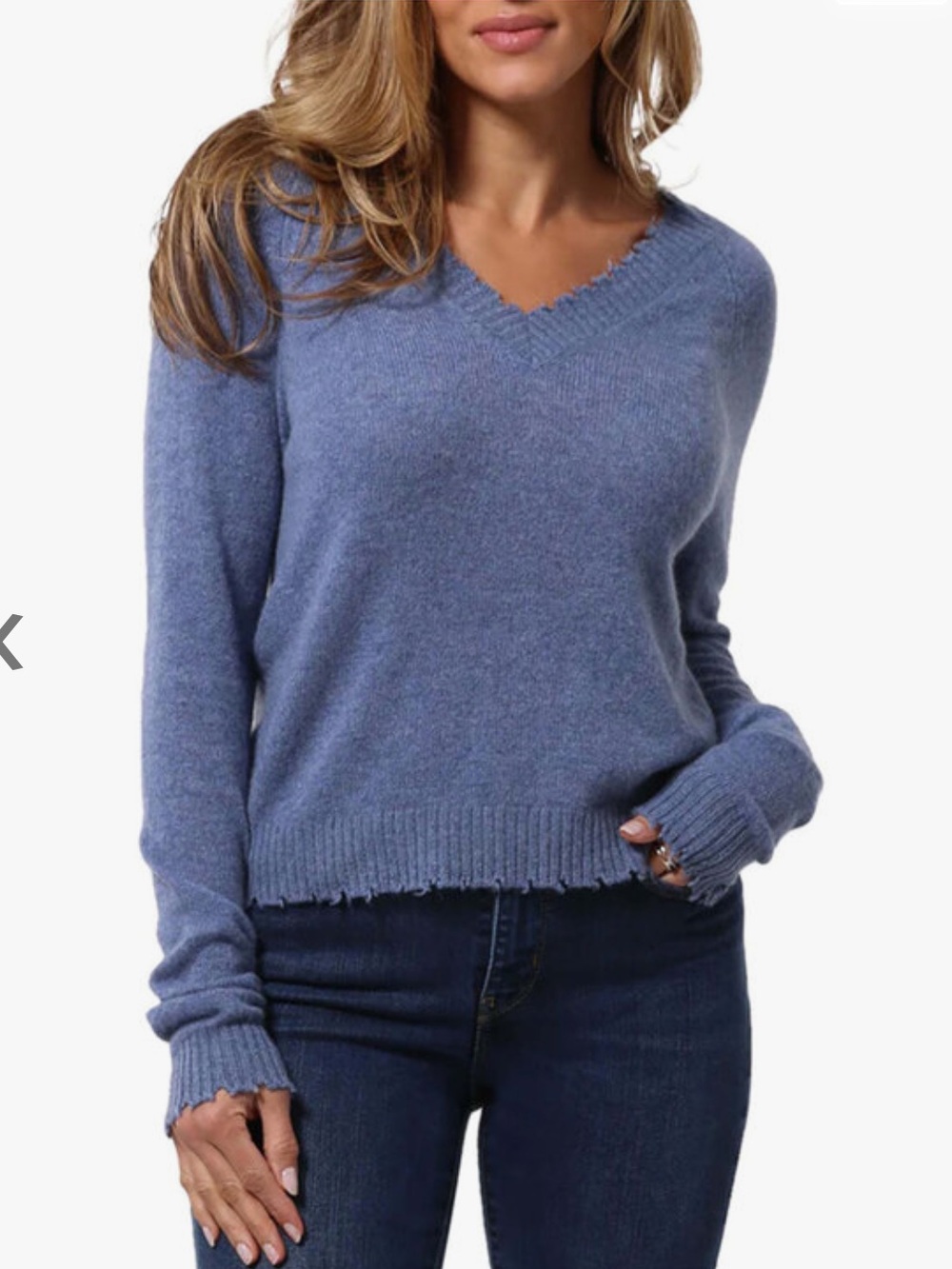 Minnie Rose Harbour Blue Distressed V Neck Cashmere Sweater XS